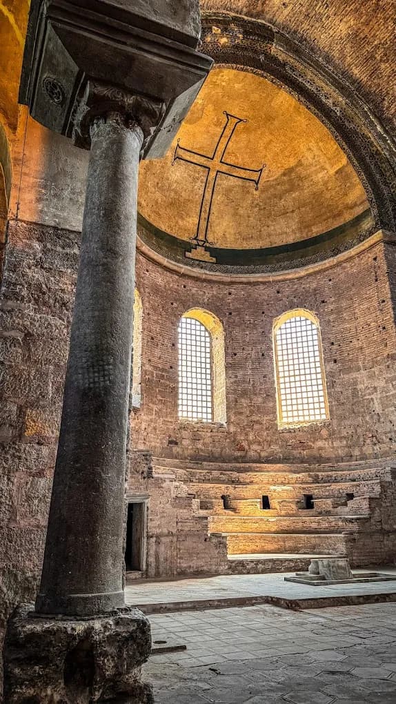 The iconic dome and brick architecture of Hagia Irene, Istanbul's oldest Byzantine cathedral.