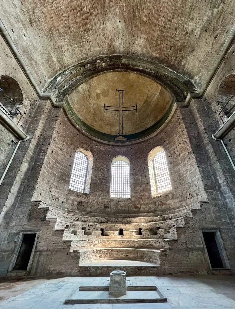 The famous Iconoclast-era black cross in the apse of Hagia Irene Church, Istanbul. Witness rare Byzantine artistic simplicity.