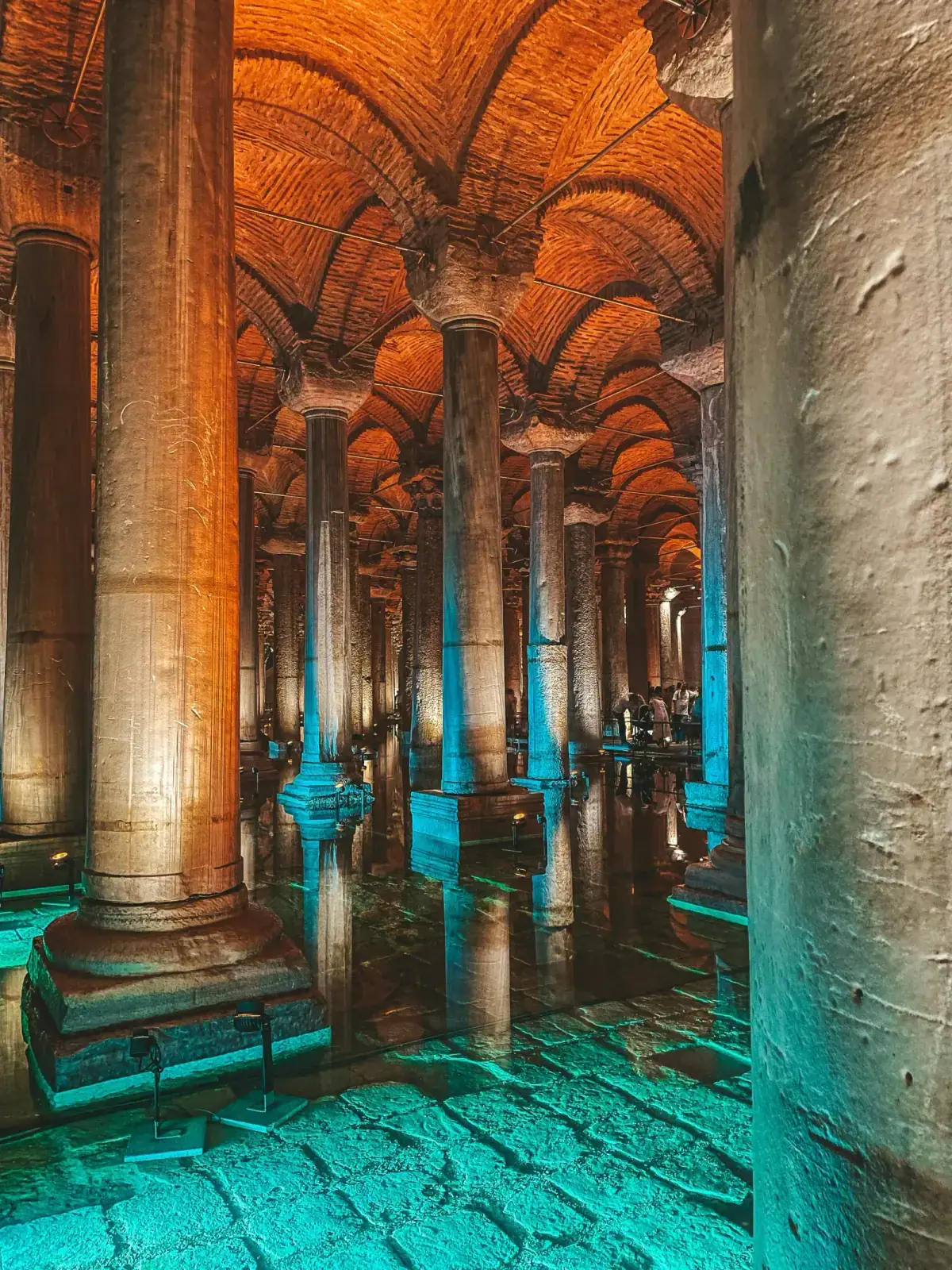 The Hen's Eye Column in Basilica Cistern, featuring unique teardrop engravings. A historic masterpiece in Istanbul.