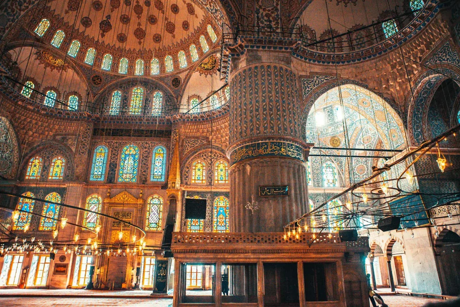 The iconic six minarets and grand domes of the Sultanahmet Mosque (Blue Mosque) in Istanbul.