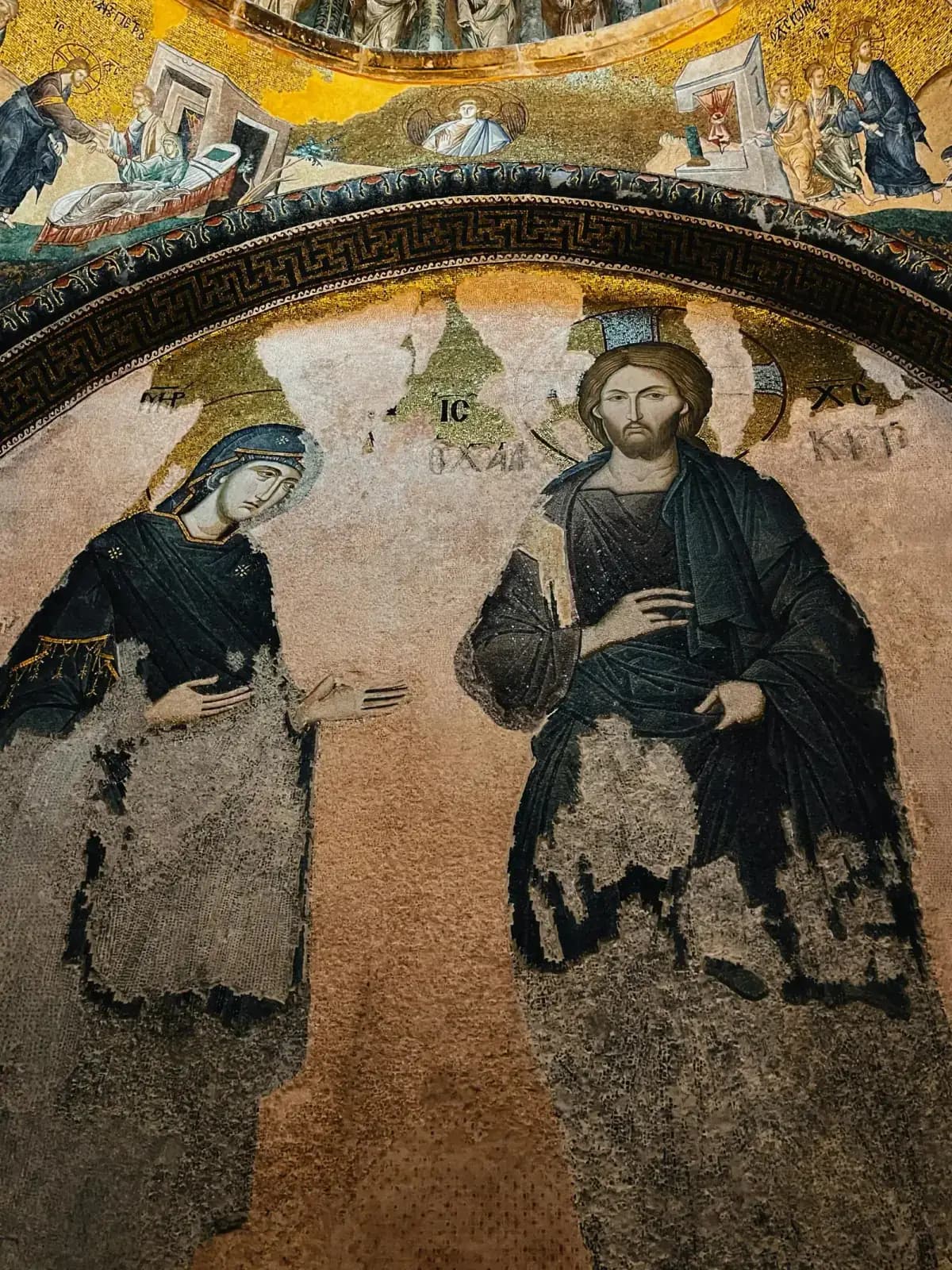 Interior view of the domes and arches decorated with gold-leaf mosaics in Kariye Mosque.
