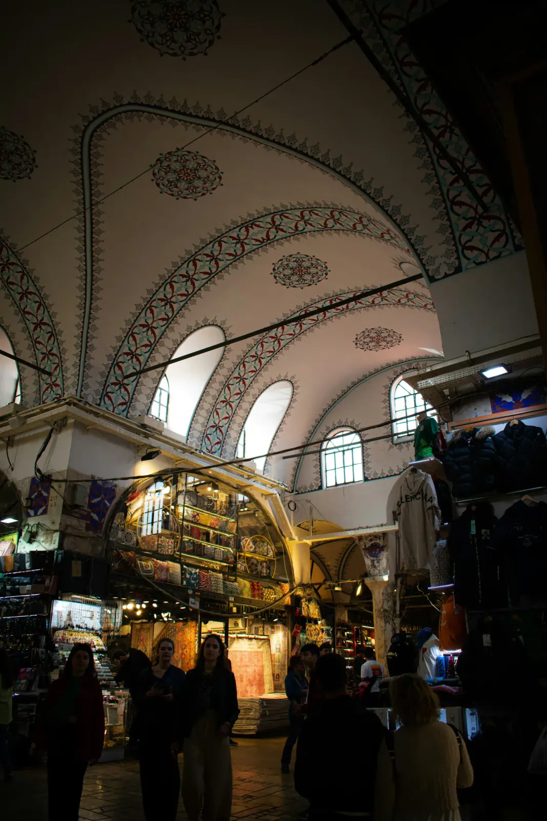 Detailed view of the historic vaulted ceilings and Ottoman architecture inside the Grand Bazaar.