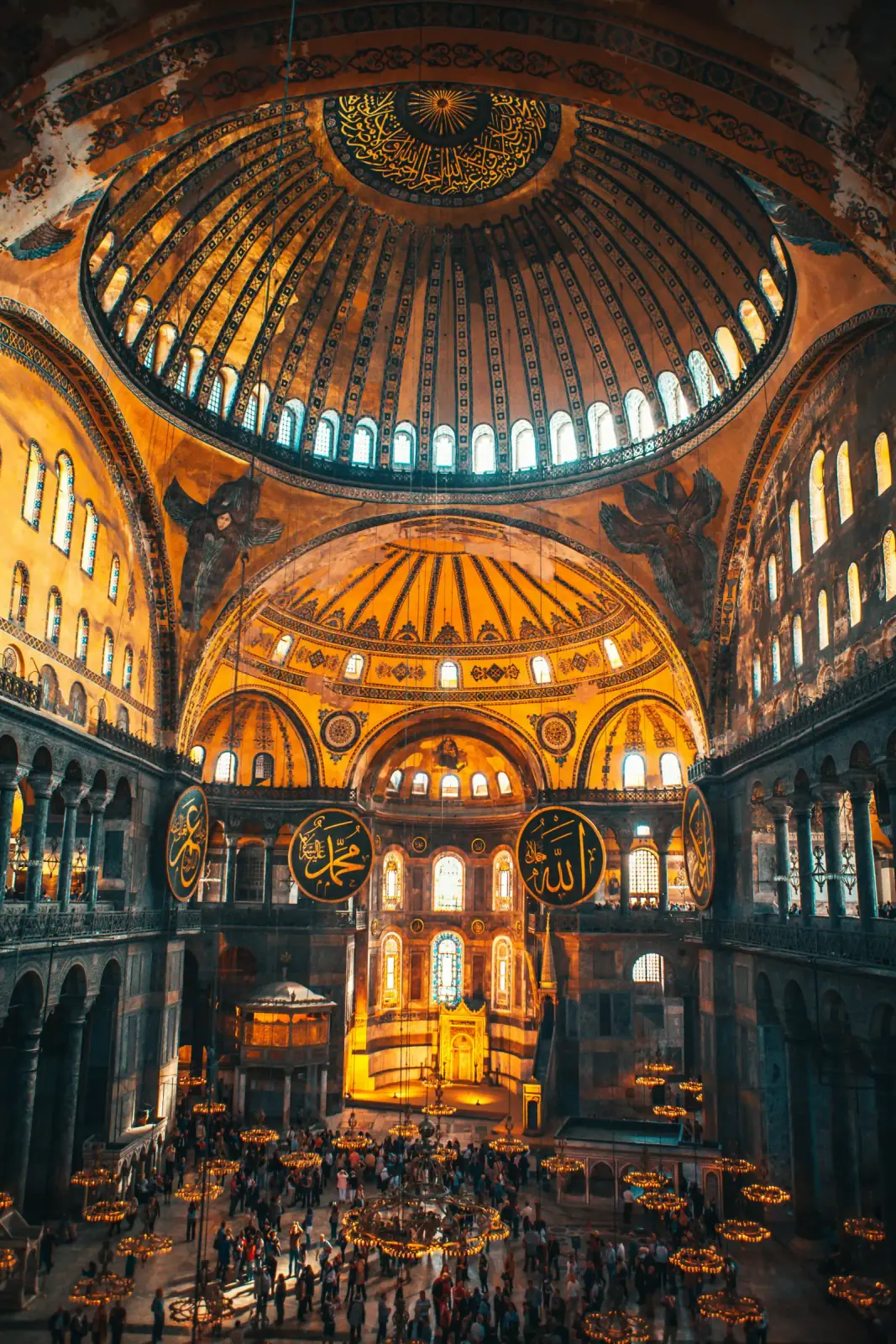 Breathtaking interior view of Hagia Sophia's main nave and colossal dome in Istanbul.