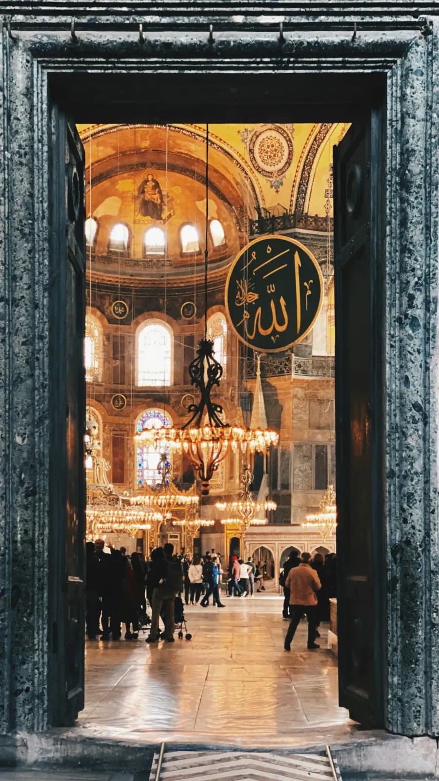 Massive Islamic calligraphy panels (roundels) inside Hagia Sophia Grand Mosque. The largest of their kind in the world, located.