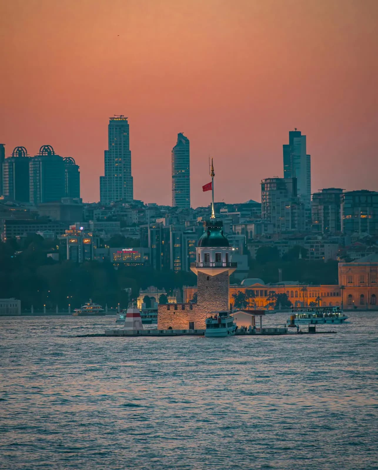 Wide perspective of the Bosphorus featuring the Maiden's Tower and the Asian side. Explore Istanbul's sea-bound treasures while.