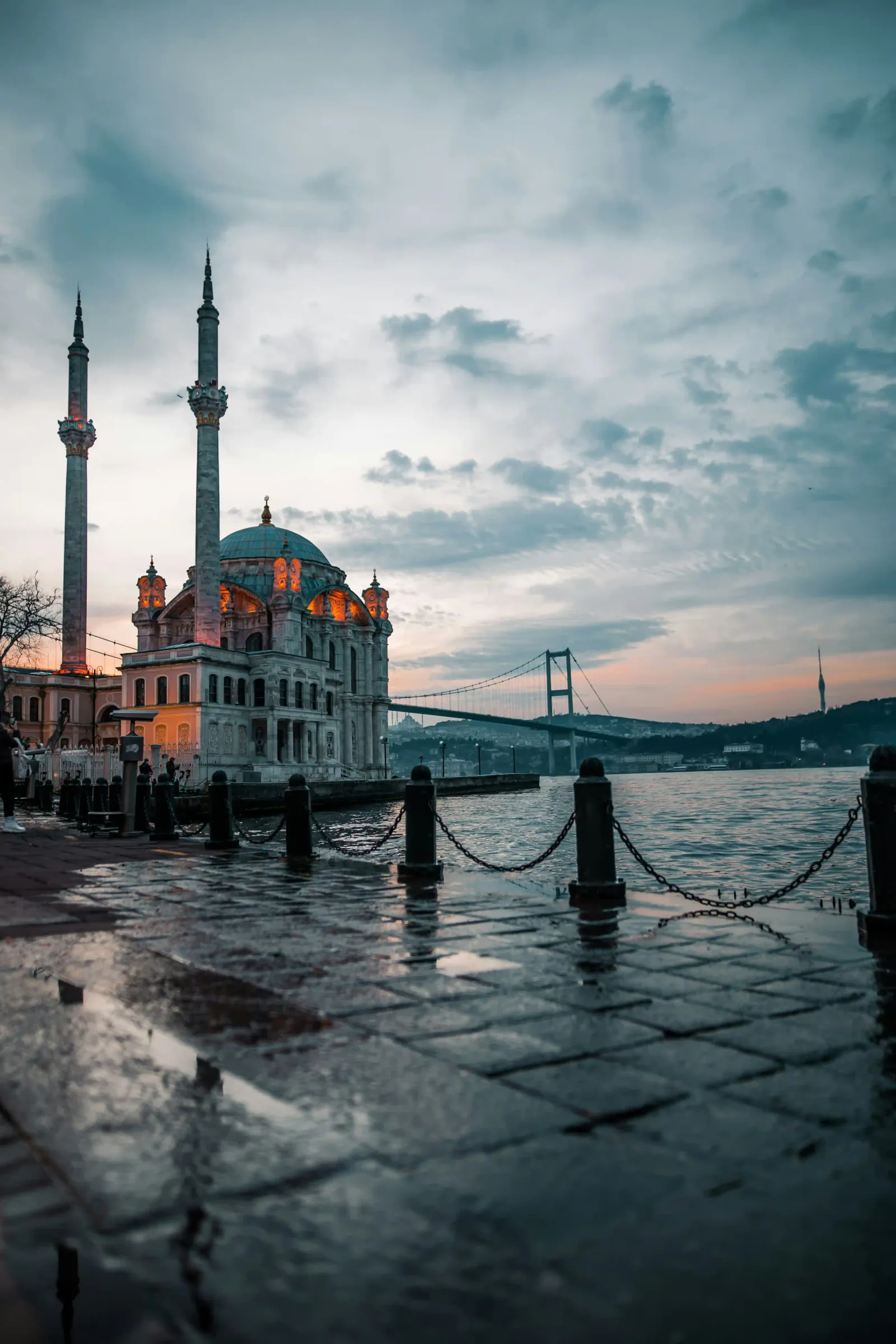 Exterior architectural details showing the blend of Neo-Baroque and Ottoman styles at Ortakoy Mosque.
