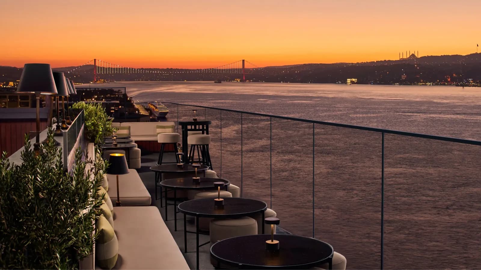 Luxury rooftop atmosphere at Sky Bar on the JW Marriott terrace in Karaköy.