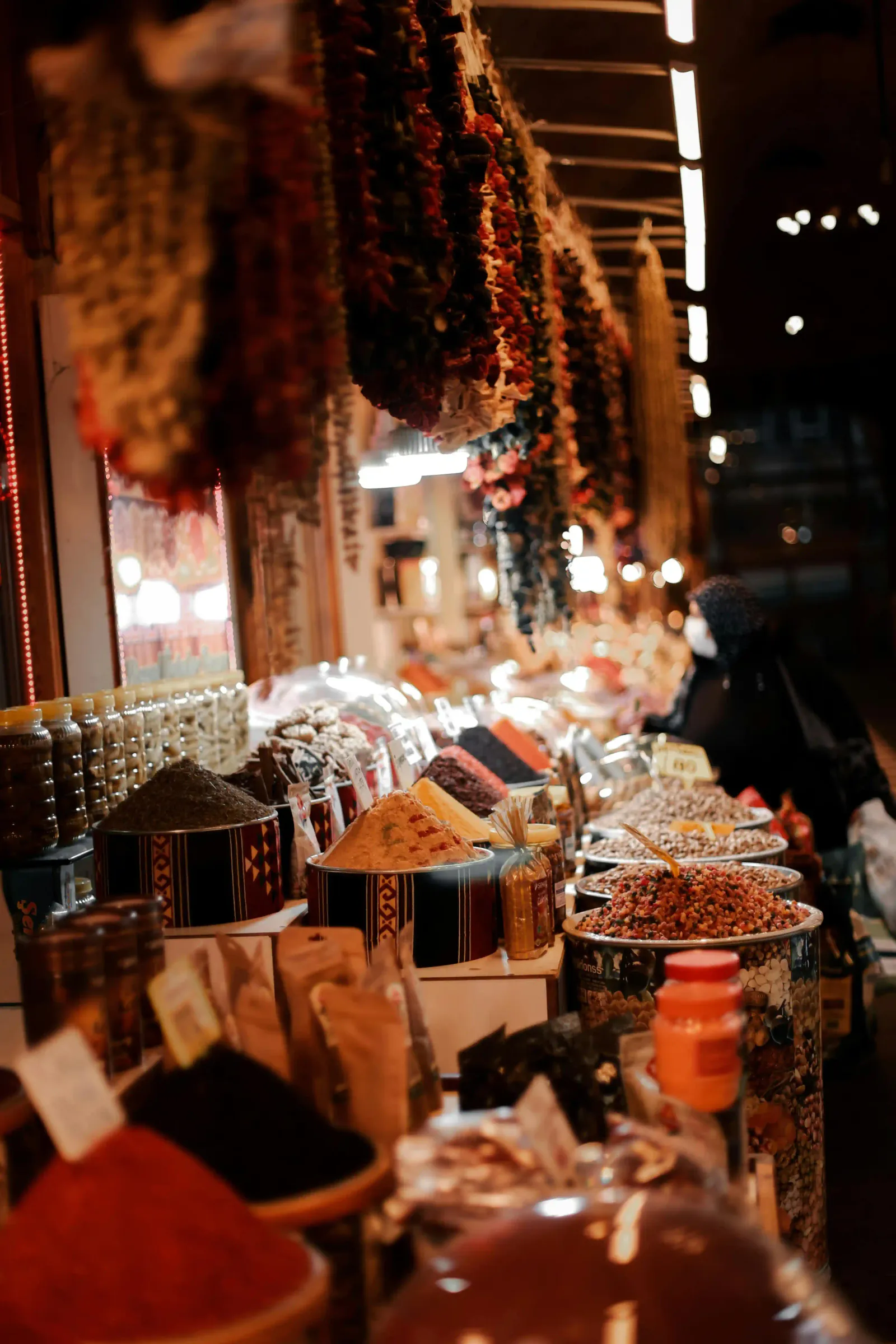 Close-up of exotic seasonings and herbal tea blends at the Spice Bazaar, Istanbul.