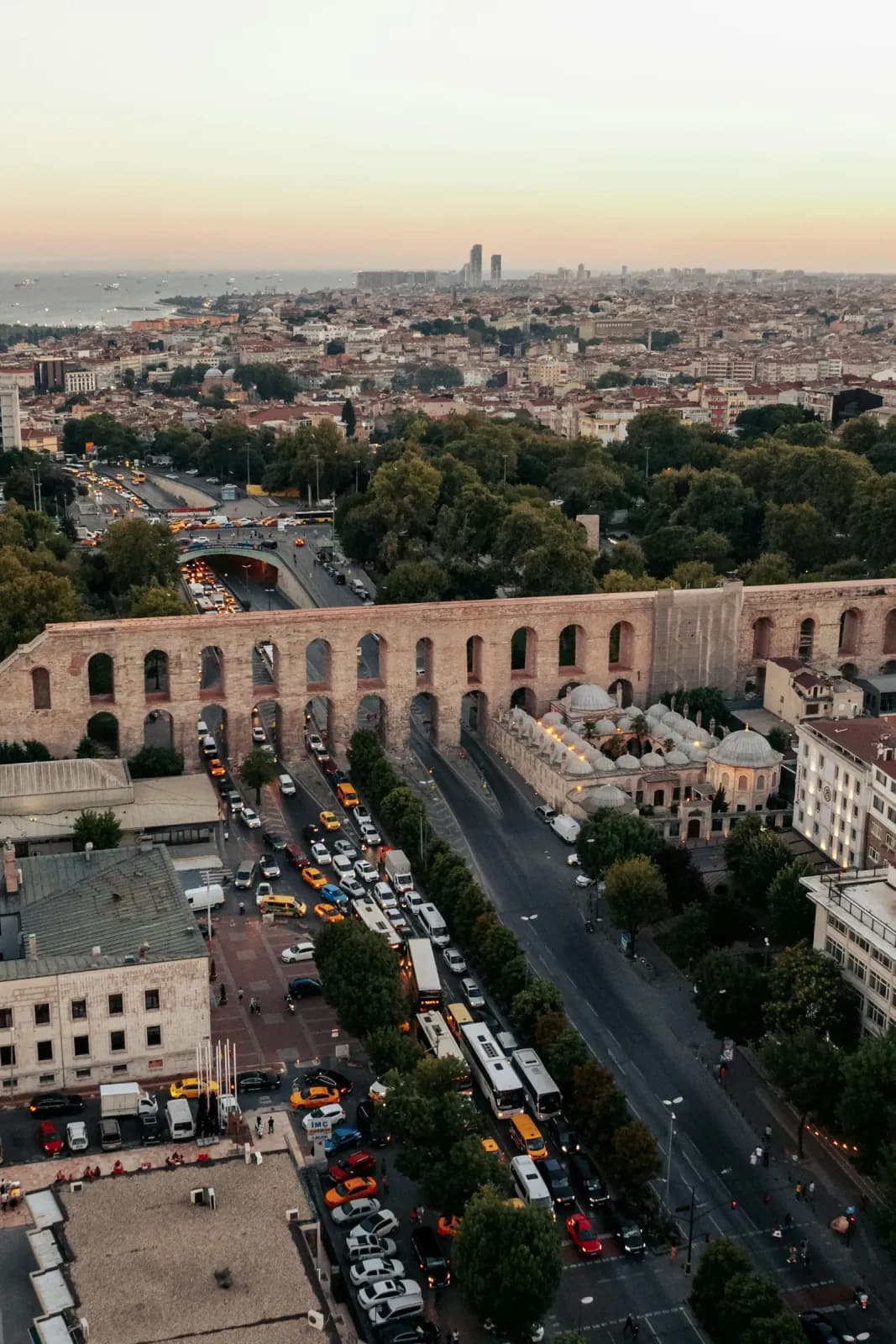The monumental Valens Aqueduct (Bozdogan Kemeri) spanning across the city in Istanbul.