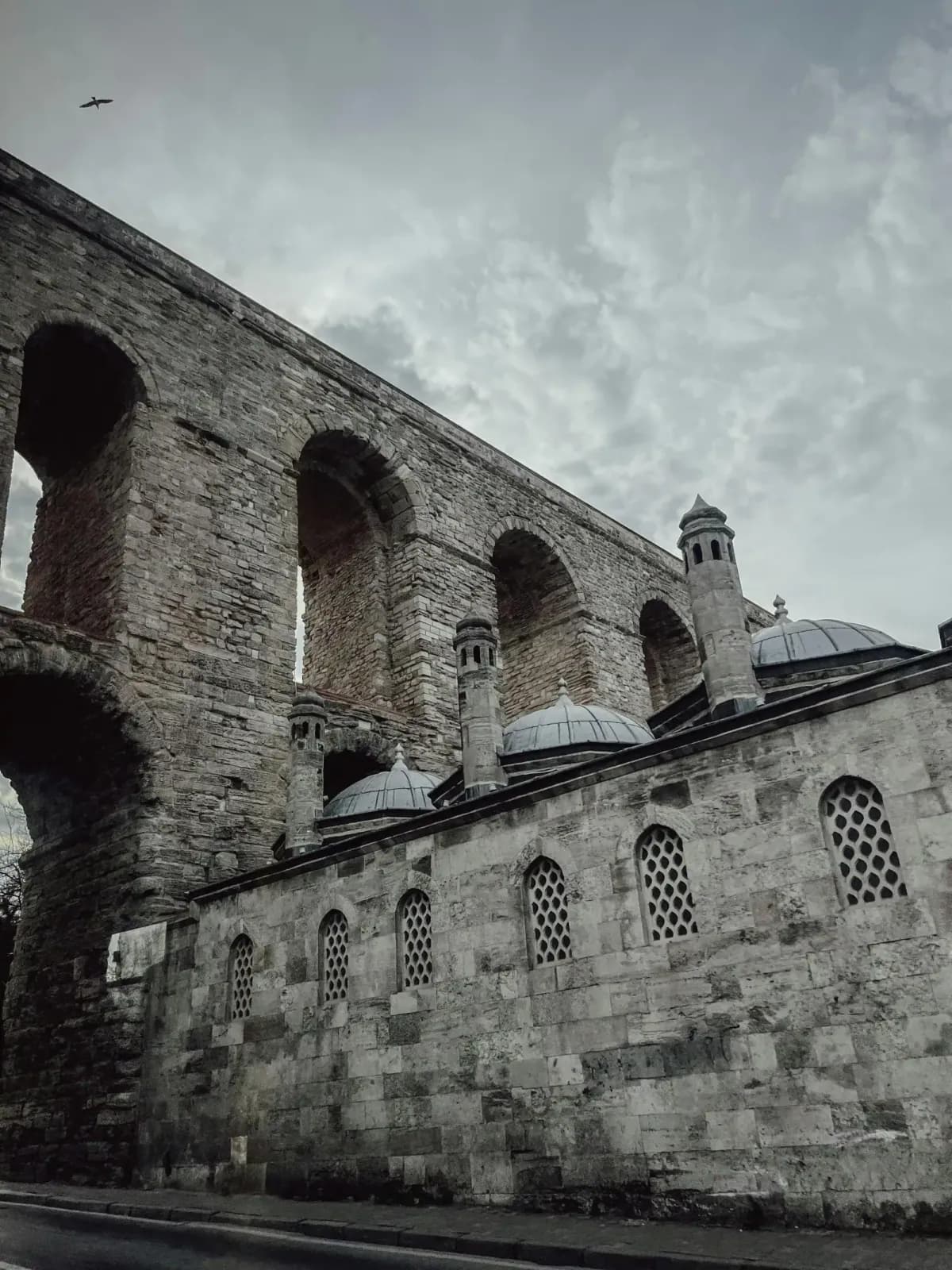 Wide perspective of the Valens Aqueduct over Ataturk Boulevard in Istanbul.