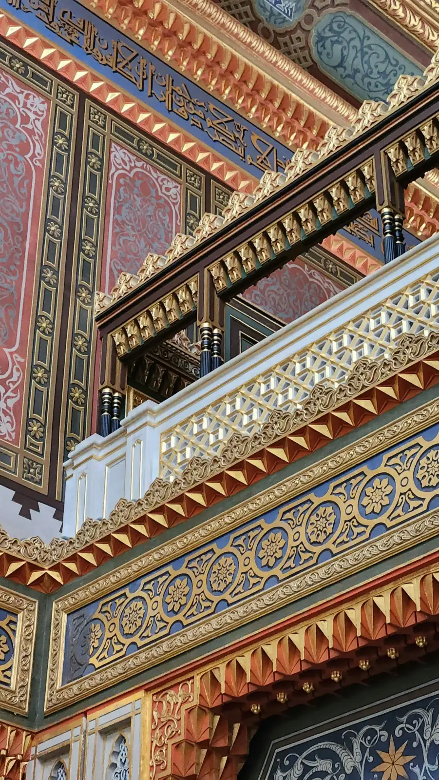 Close-up of the intricate pen-work (kalem isi) and woodwork inside Yildiz Hamidiye Mosque.