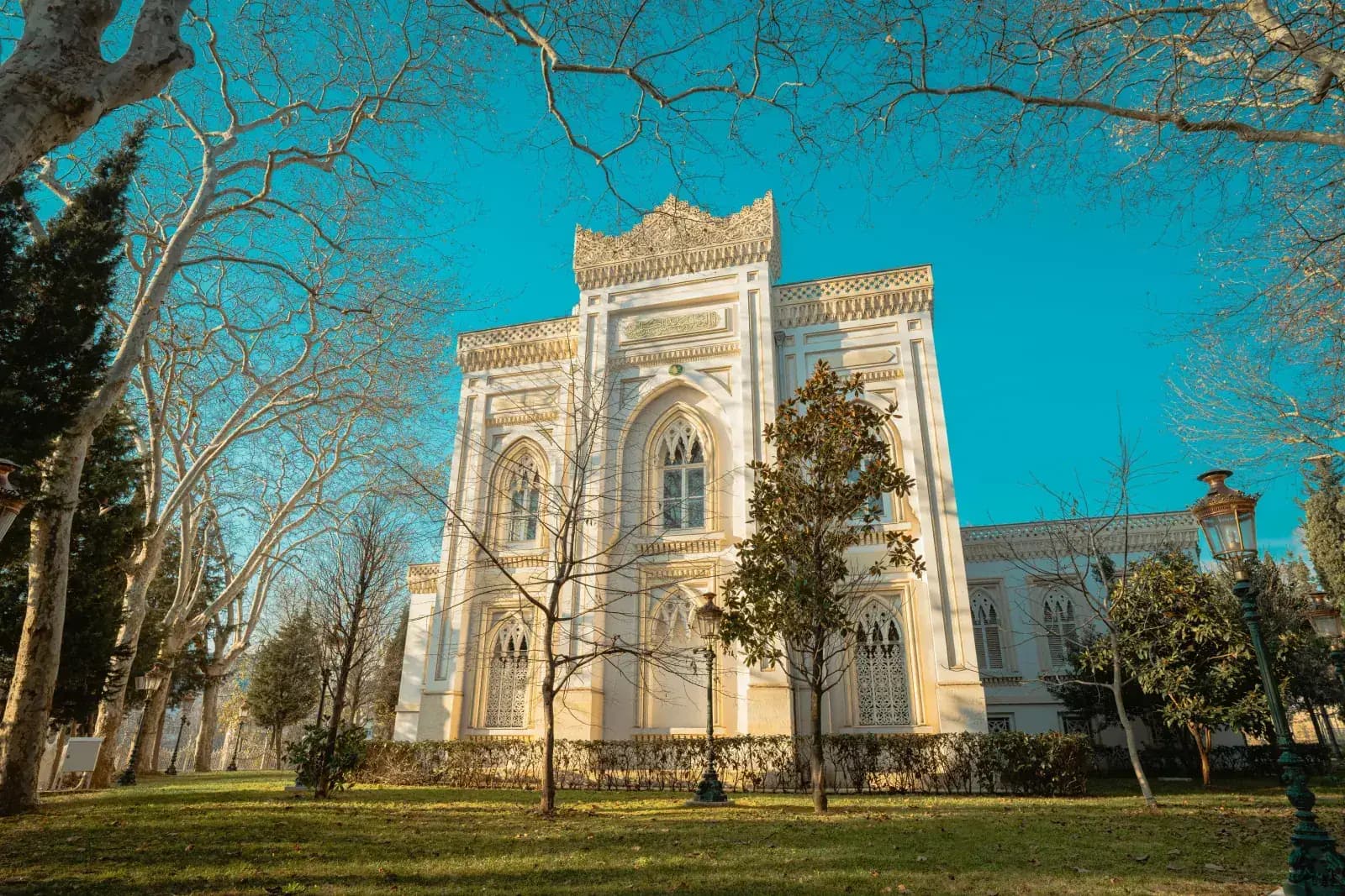 Exterior architectural facade of Yildiz Hamidiye Mosque featuring unique star motifs.