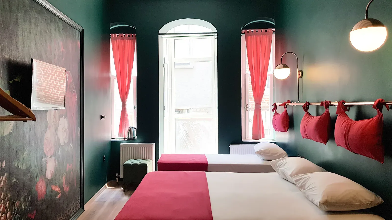 Triple Room with a double and a single bed, arched windows and coral curtains, Karaköy